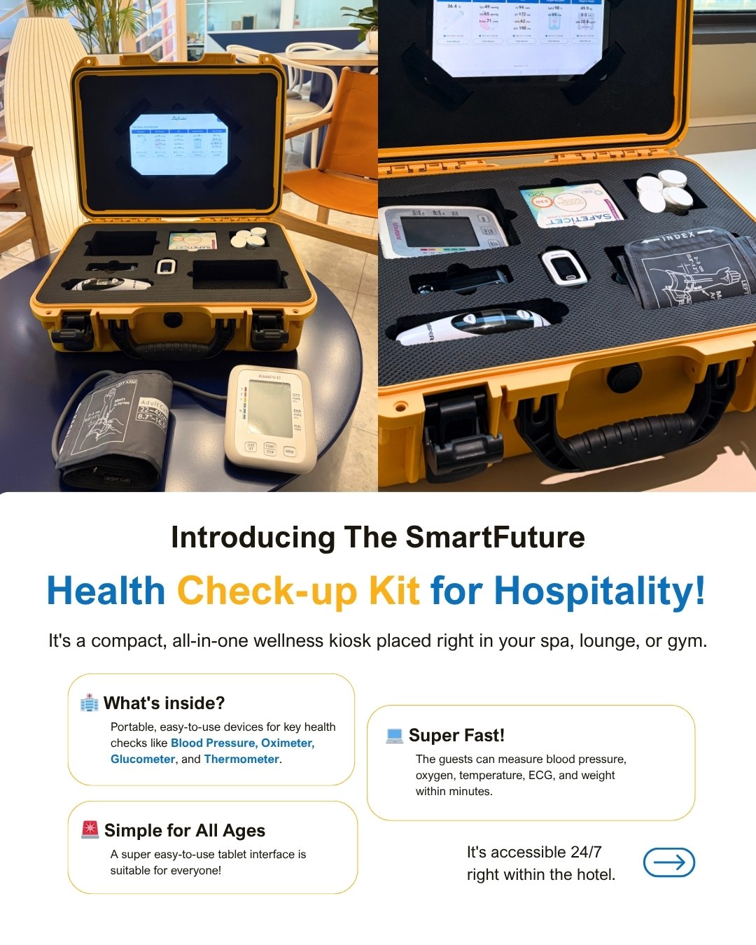 SmartFuture's white-label health kit offers luxury hotels an exclusive amenity. It provides guests with easy, on-demand vital checks, driving loyalty and satisfaction.