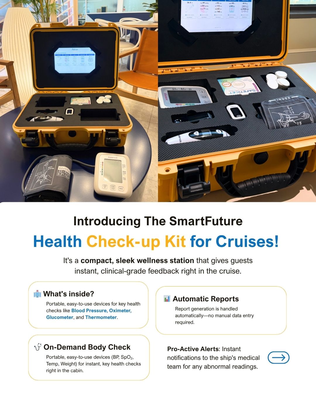 SmartFuture's kit turns every cruise cabin into a care hub. It offers instant vital checks, real-time alerts, and frees medical staff for urgent care needs.