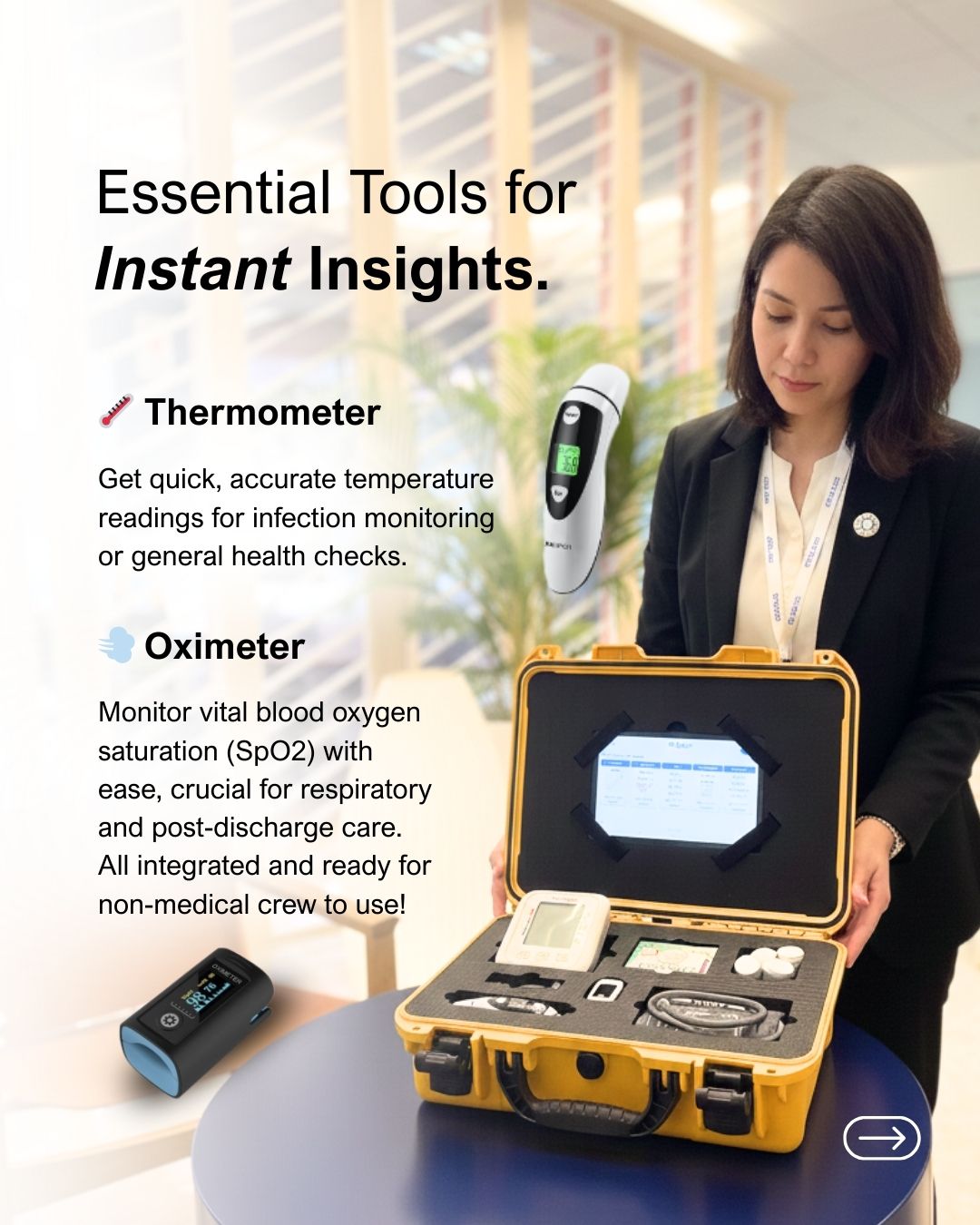 SmartFuture's versatile MediKit provides rugged, waterproof health monitoring kits (BP, oximeter, etc.) for cruise ships, universities, corporate, and senior care.