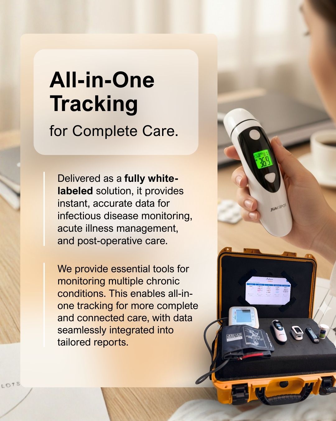 SmartFuture offers versatile, white labeled thermometer technology for digital health. It provides precise, automated temp readings for corporate, senior care, and clinics.