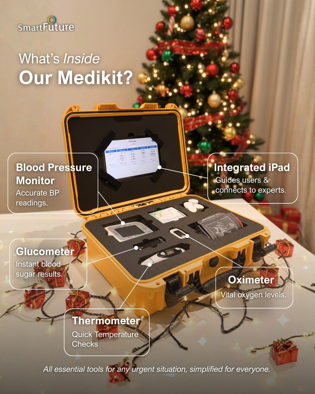 Discover what's inside the SmartFuture MediKit. It features a BP monitor, oximeter, and more in a compact, waterproof box for corporate and gyms.