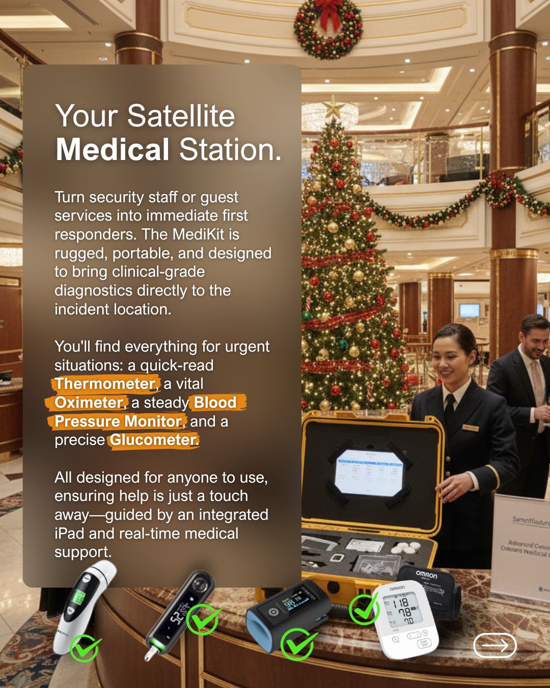 SmartFuture's Cruise Ship MediKit ensures safety during the busy December holiday season, offering BP and oxygen checks across all ship sections.